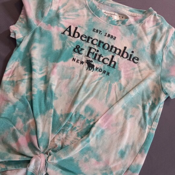 Y2K Abercrombie Kids Girls' Tie-Dye Knot-Front T-Shirt (Size 9/10, Teal & Pink) - Picture 1 of 7